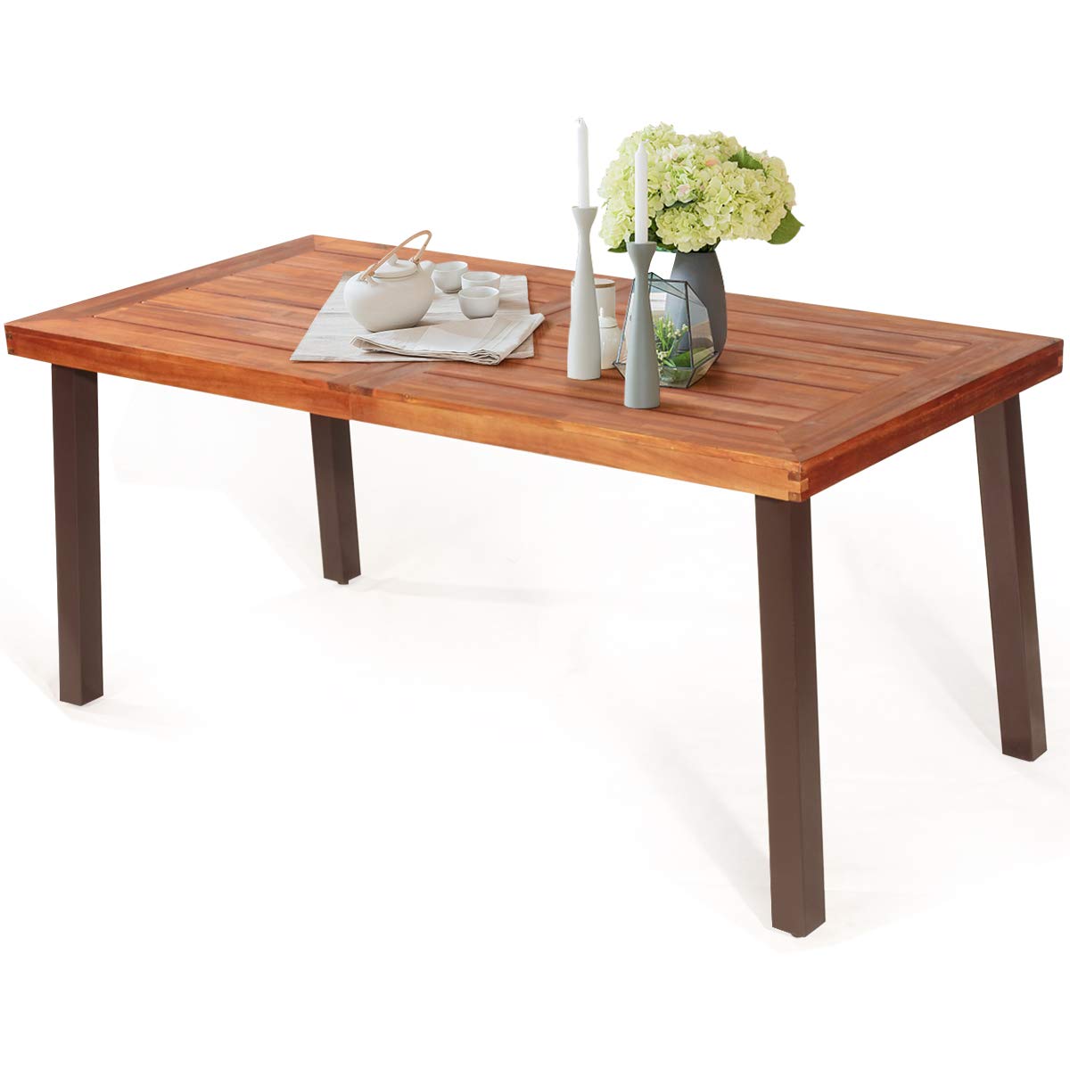 Table de salle à manger d'extérieur Tangkula en bois d'acacia avec trou pour parasol